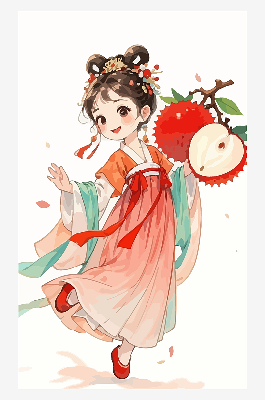 古风女孩拿着荔枝矢量插画元素-众图网