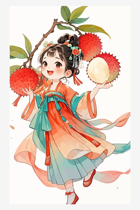 古风女孩拿着荔枝矢量插画-众图网