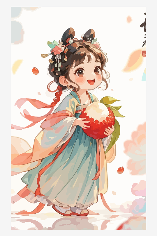 古风女孩拿着荔枝矢量插画-众图网
