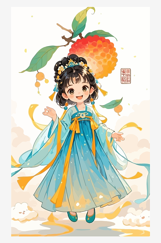 古风女孩拿着荔枝矢量插画-众图网