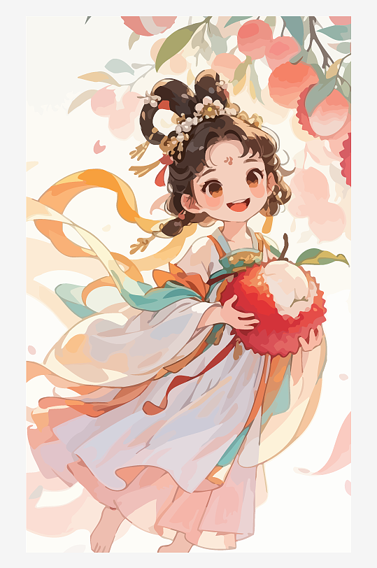 古风女孩拿着荔枝矢量插画-众图网