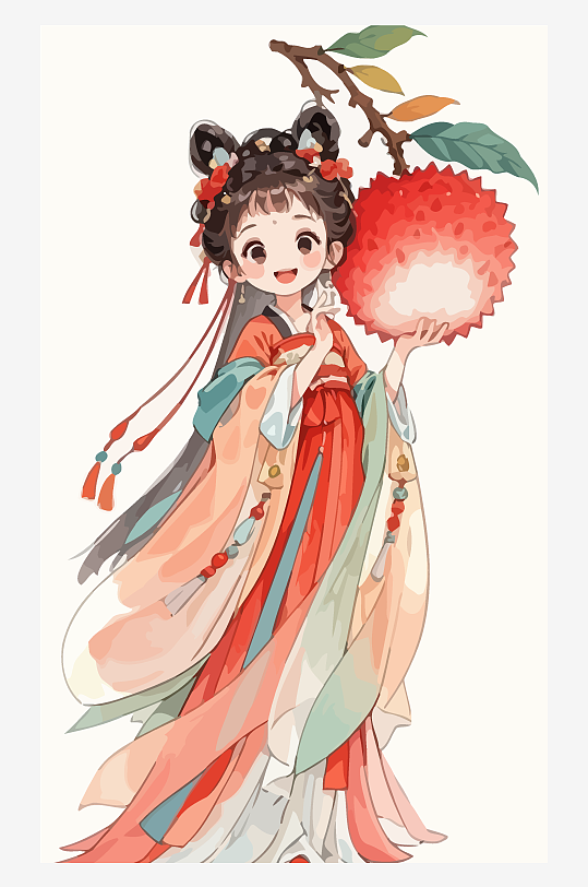 古风女孩拿着荔枝矢量插画-众图网