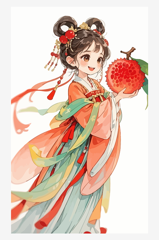 古风女孩拿着荔枝矢量插画-众图网