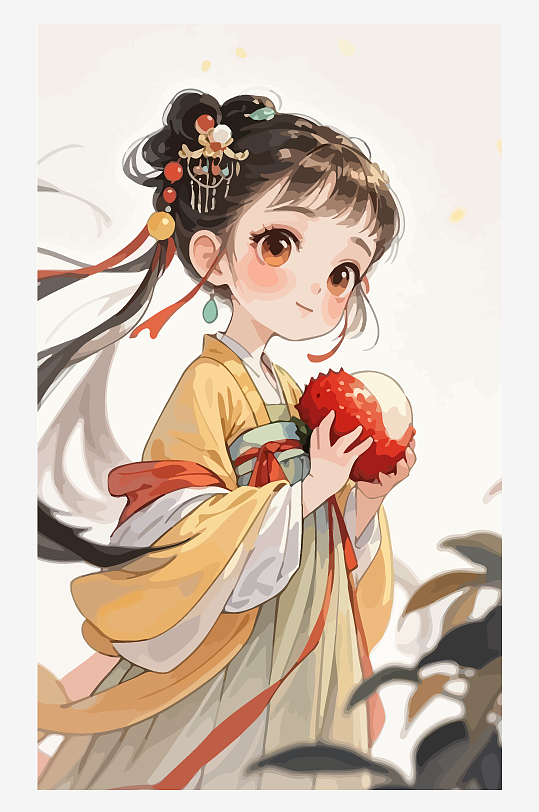 古风女孩拿着荔枝矢量插画-众图网