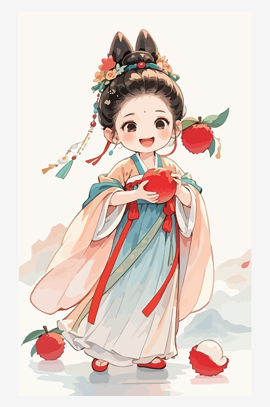 古风女孩拿着荔枝矢量插画-众图网