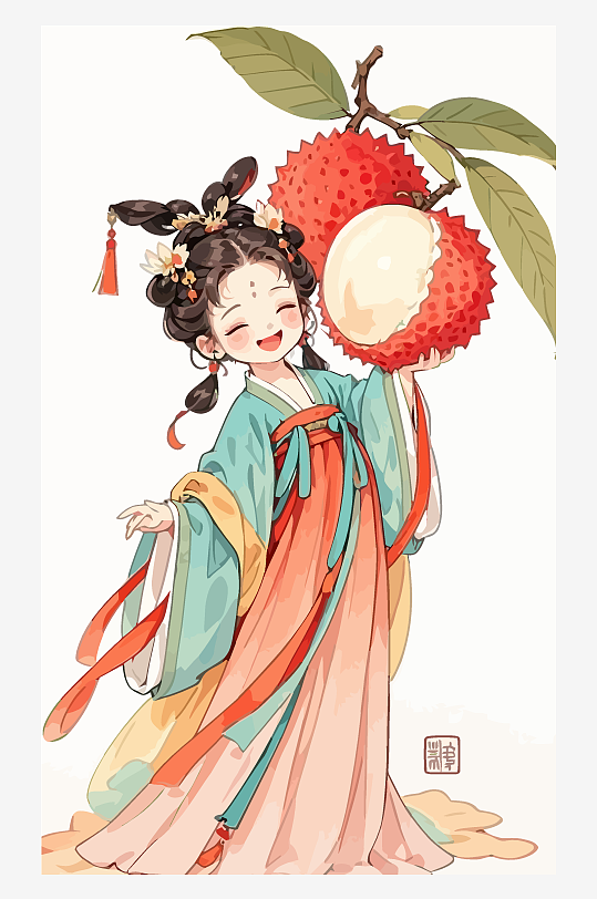 古风女孩拿着荔枝矢量插画-众图网
