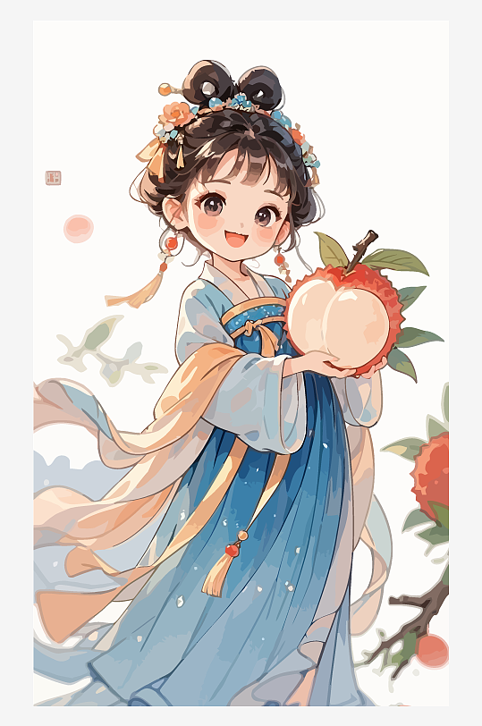 古风女孩拿着荔枝矢量插画-众图网
