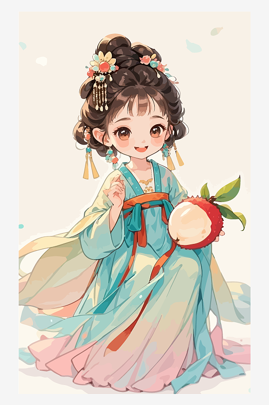 古风女孩拿着荔枝矢量插画元素-众图网