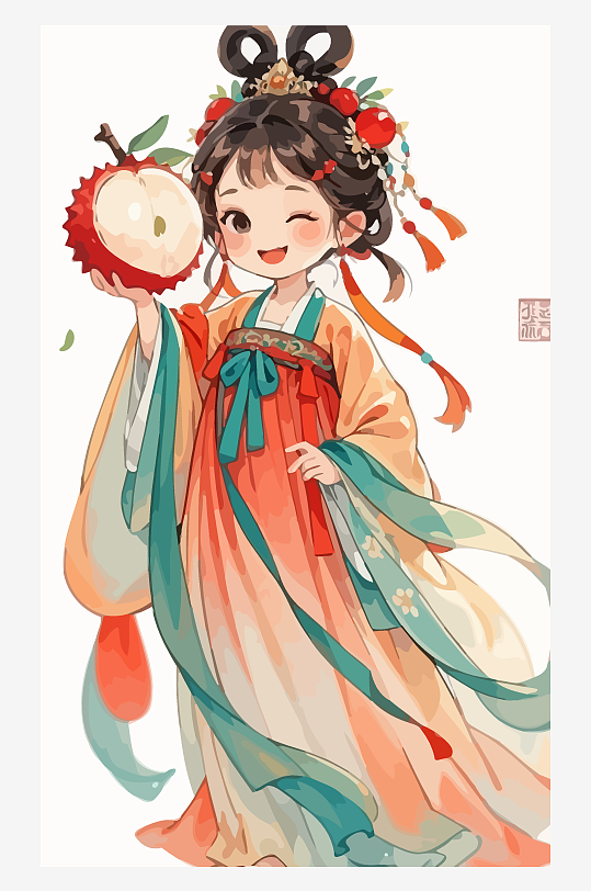 古风女孩拿着荔枝矢量插画元素-众图网