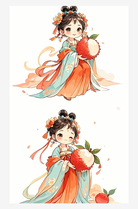 古风女孩拿着荔枝矢量插画元素-众图网