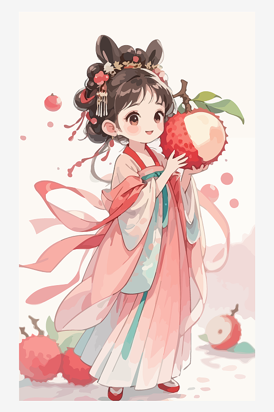 古风女孩拿着荔枝矢量插画元素-众图网