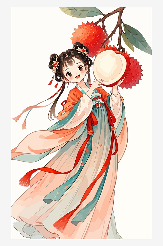 古风女孩拿着荔枝矢量插画元素-众图网