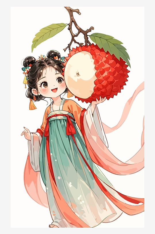 古风女孩拿着荔枝矢量插画元素-众图网