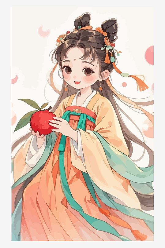 古风女孩拿着荔枝矢量插画元素-众图网