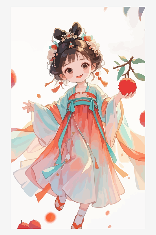 古风女孩拿着荔枝矢量插画元素-众图网