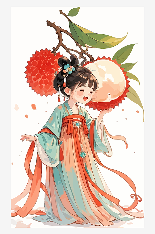 古风女孩拿着荔枝矢量插画元素-众图网
