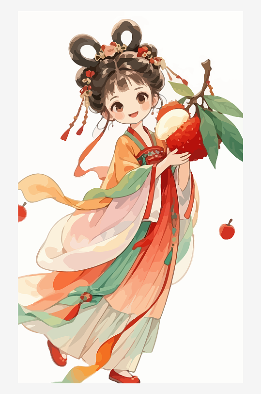 古风女孩拿着荔枝矢量插画元素-众图网