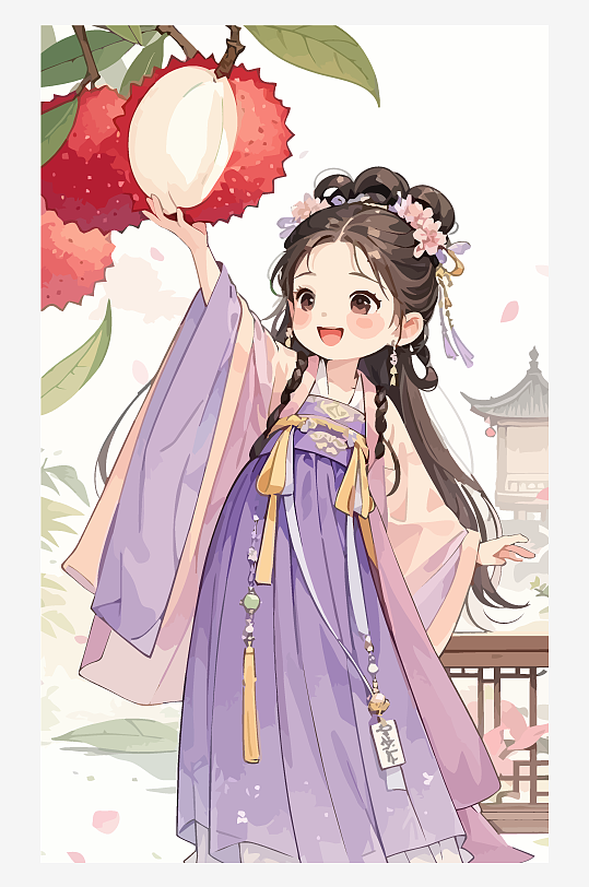 古风女孩拿着荔枝矢量插画元素-众图网