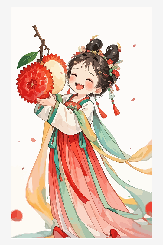 古风女孩拿着荔枝矢量插画元素-众图网