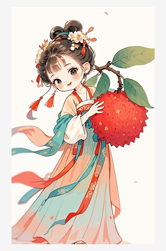 古风女孩拿着荔枝矢量插画元素-众图网
