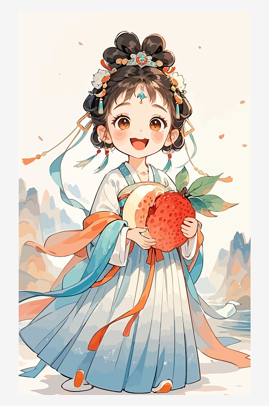 古风女孩拿着荔枝矢量插画元素-众图网