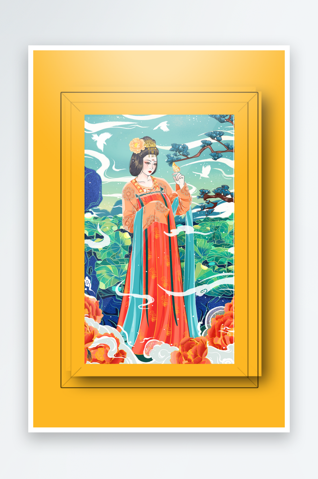 彩色古风美女装饰画设计素材