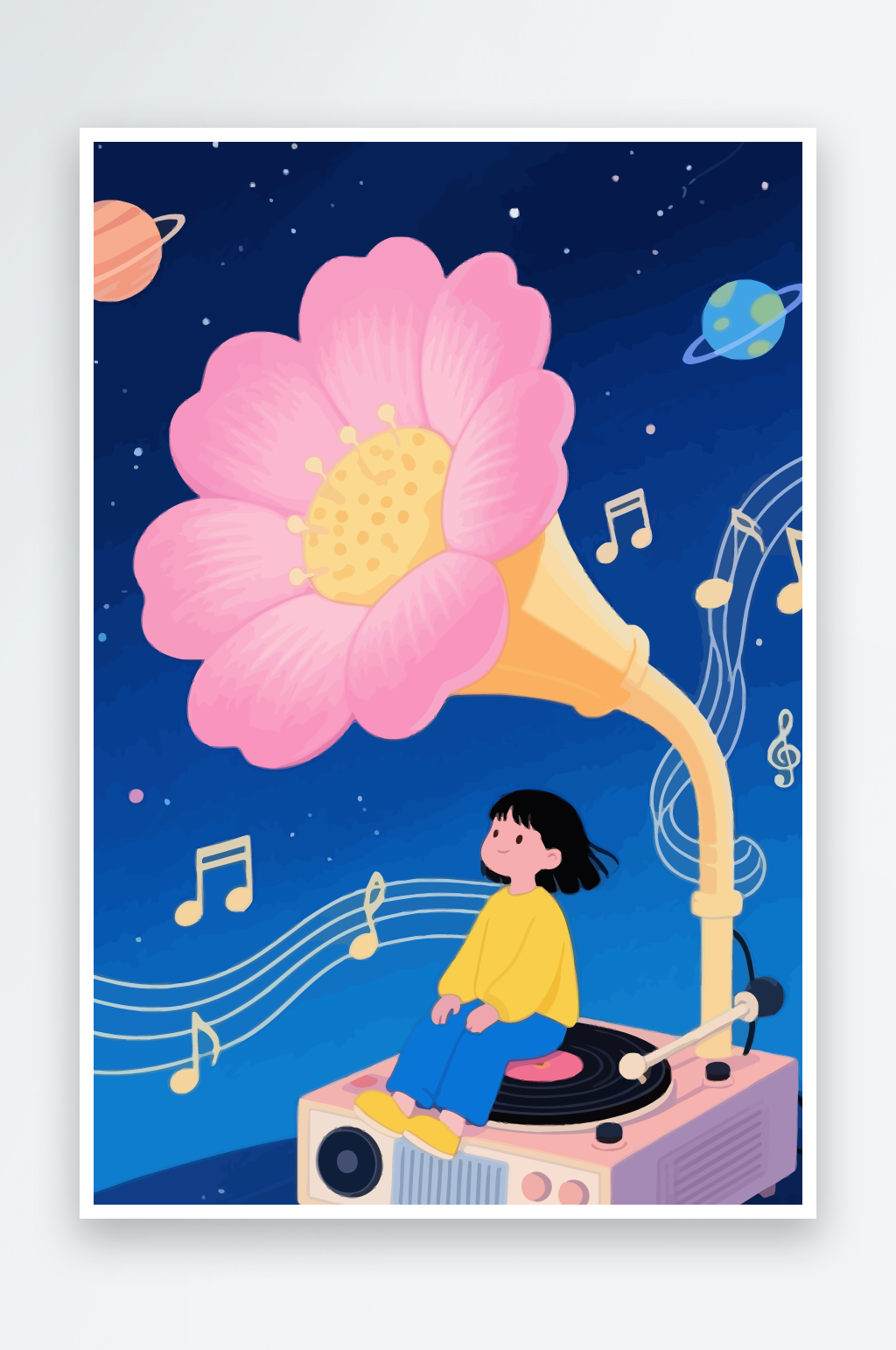小女孩听喇叭花播放音乐元素素材