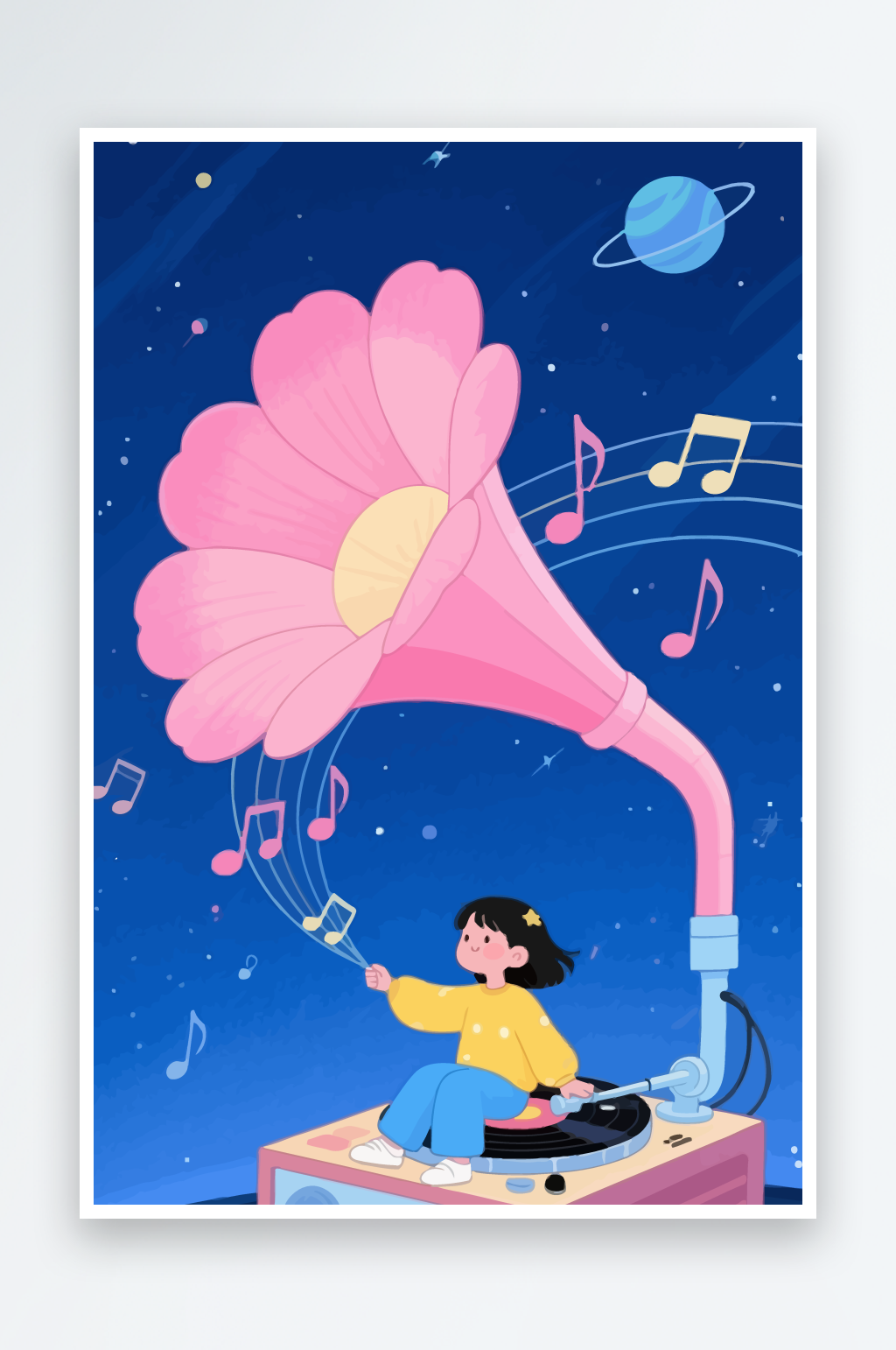 小女孩听喇叭花播放音乐元素素材