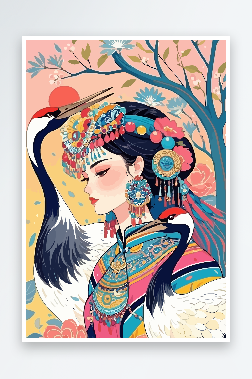 美女仙鹤插画如下元素素材