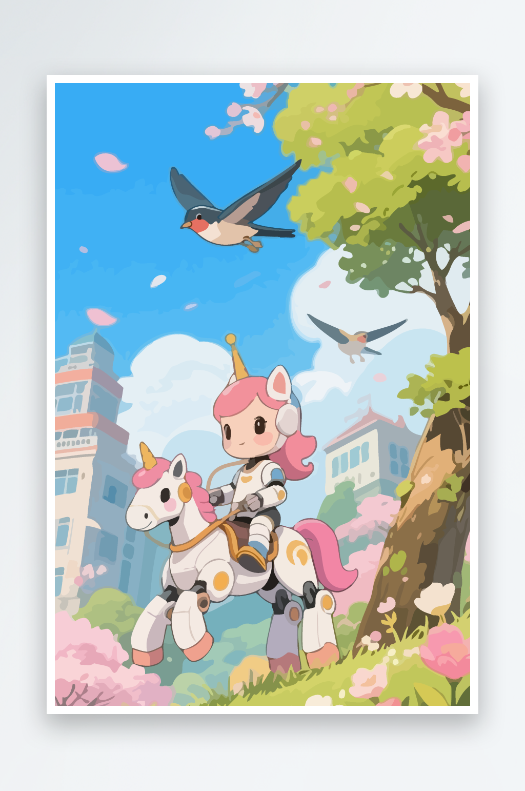 卡通小孩马鸟矢量插画元素素材