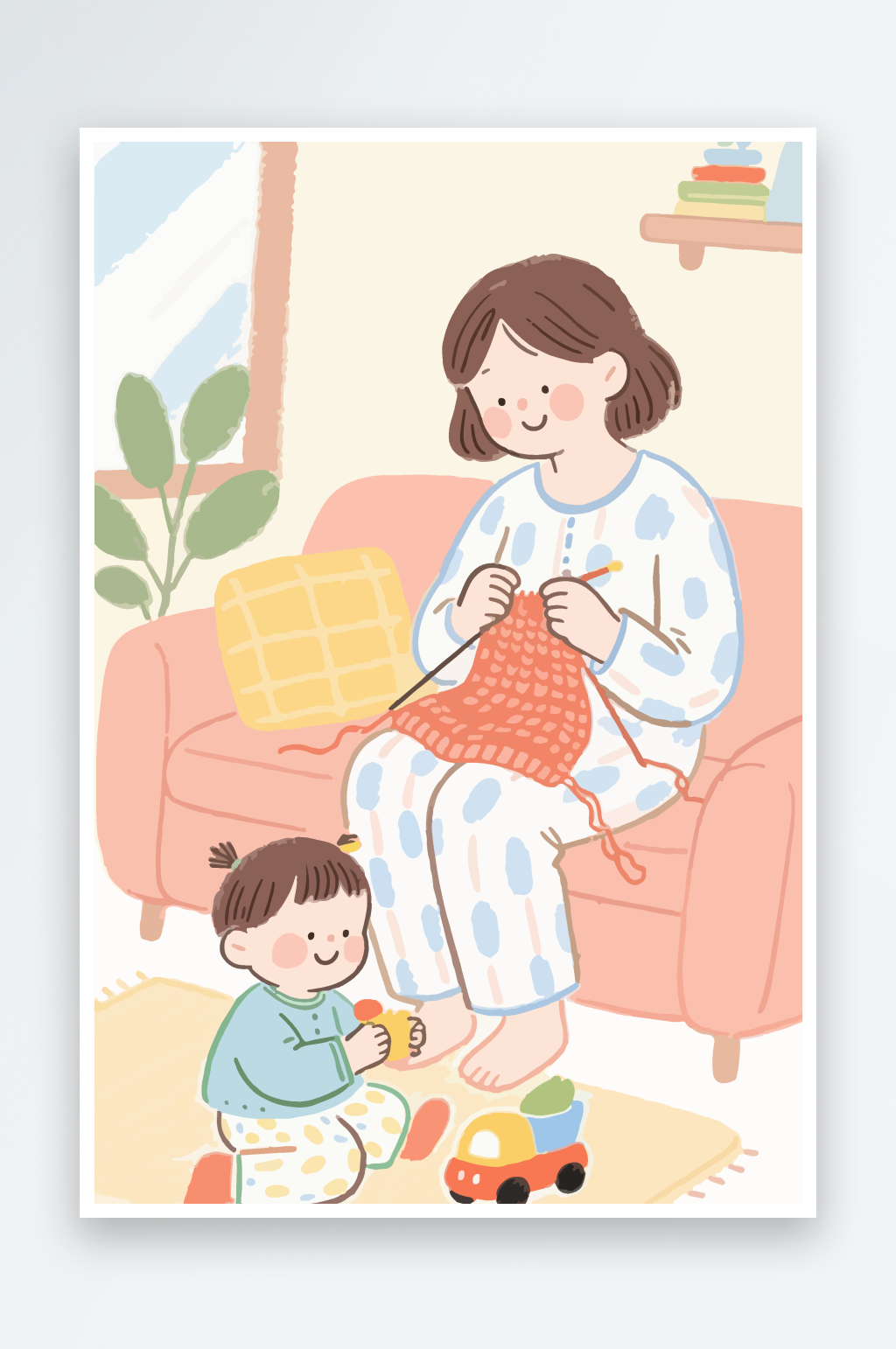 卡通居家织毛衣温馨时光插画素材