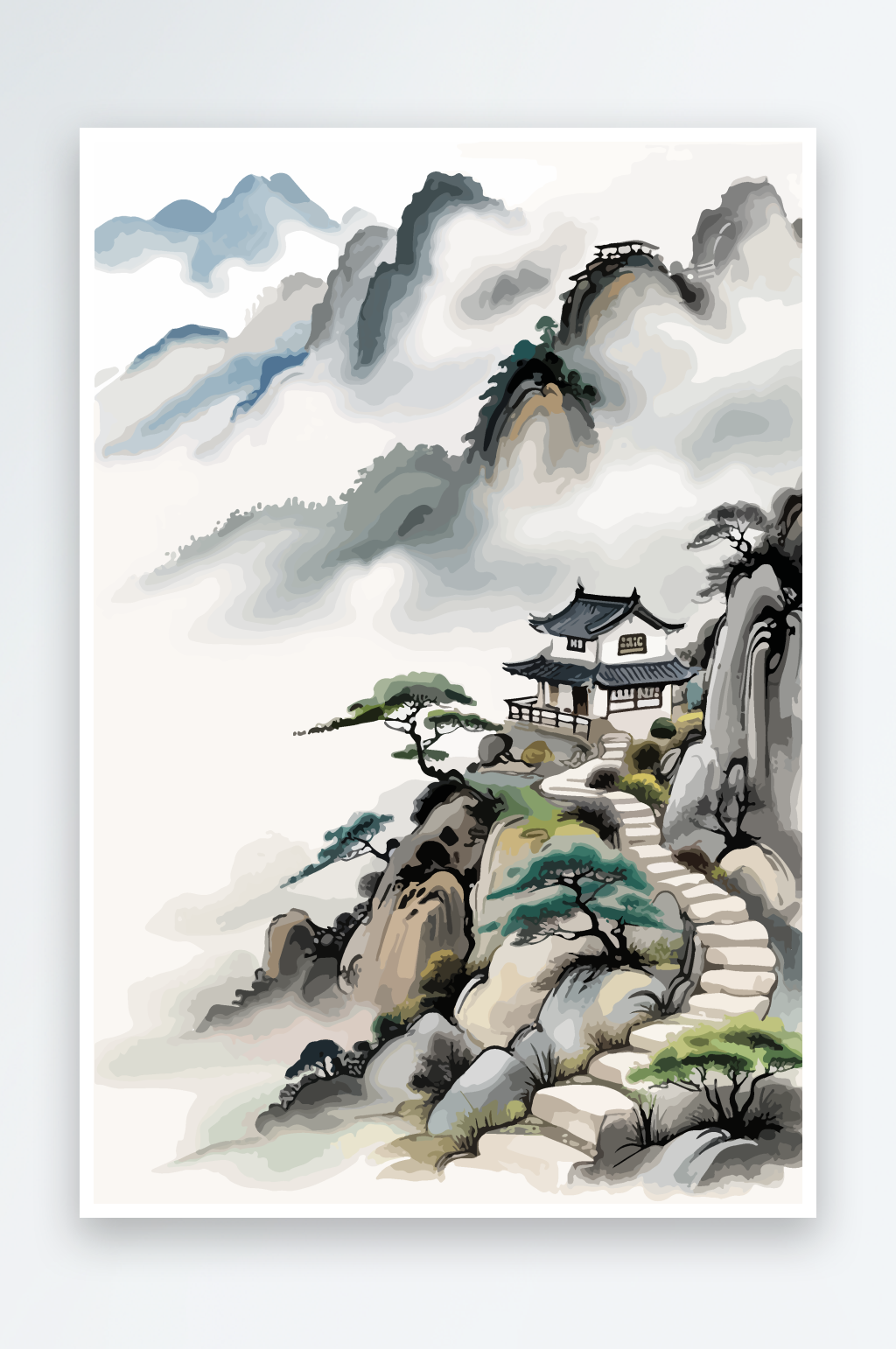 水墨意境山间小径插画素材