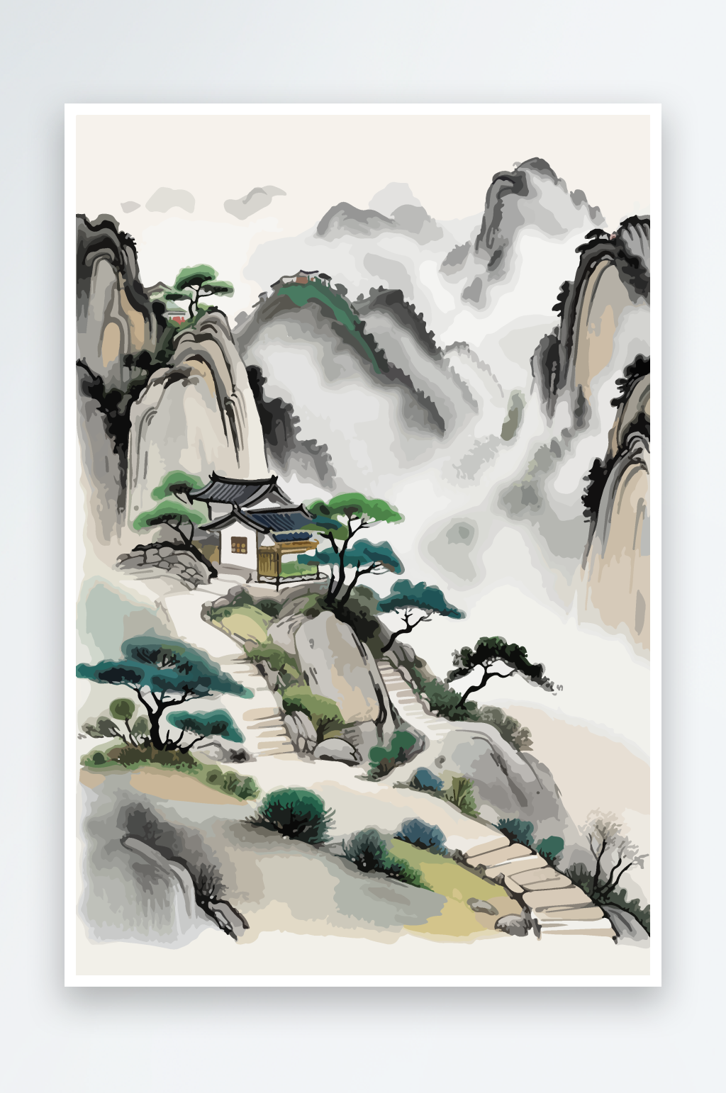 水墨意境山间小径插画素材