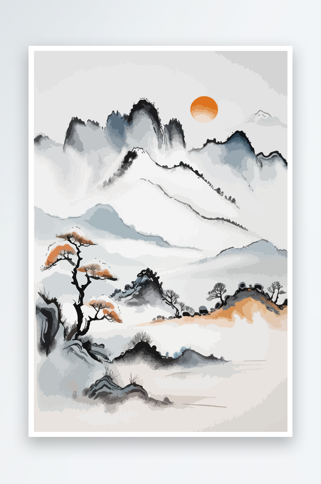 意境水墨国风山水插画素材