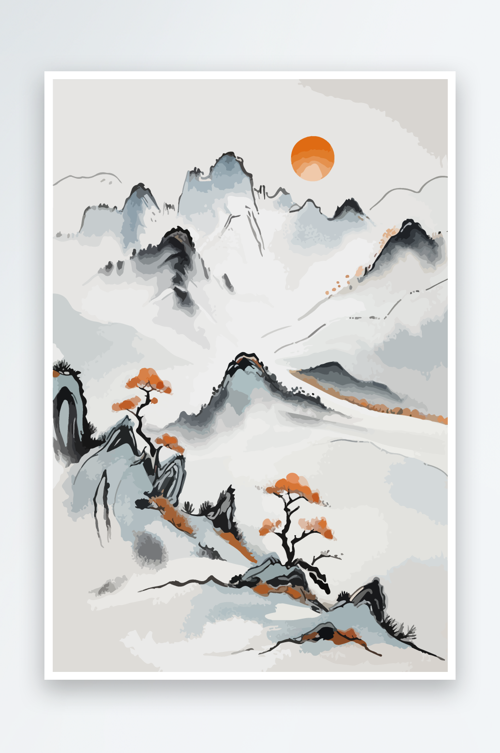 意境水墨国风山水插画素材