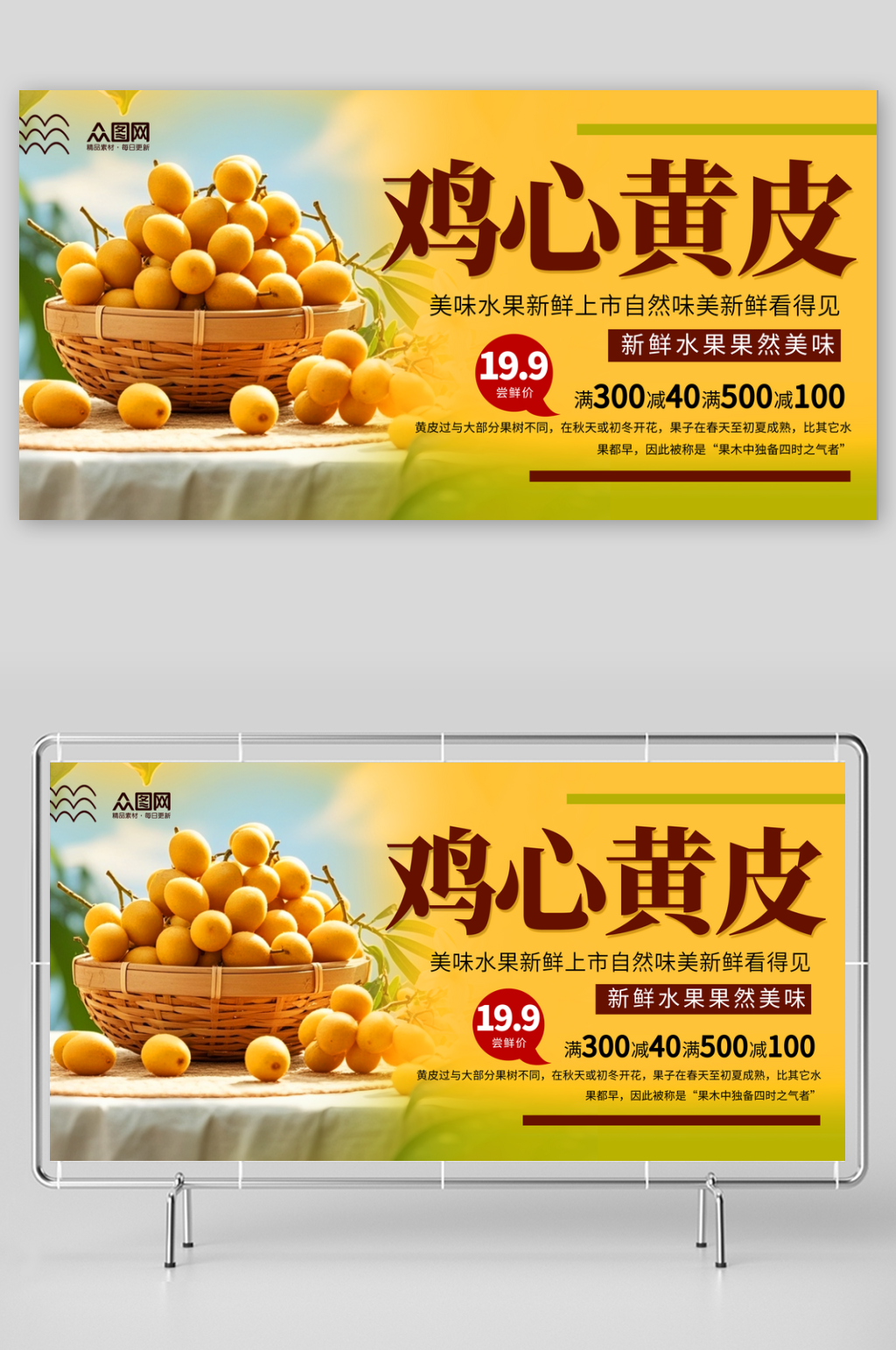 简洁黄皮果水果展板素材