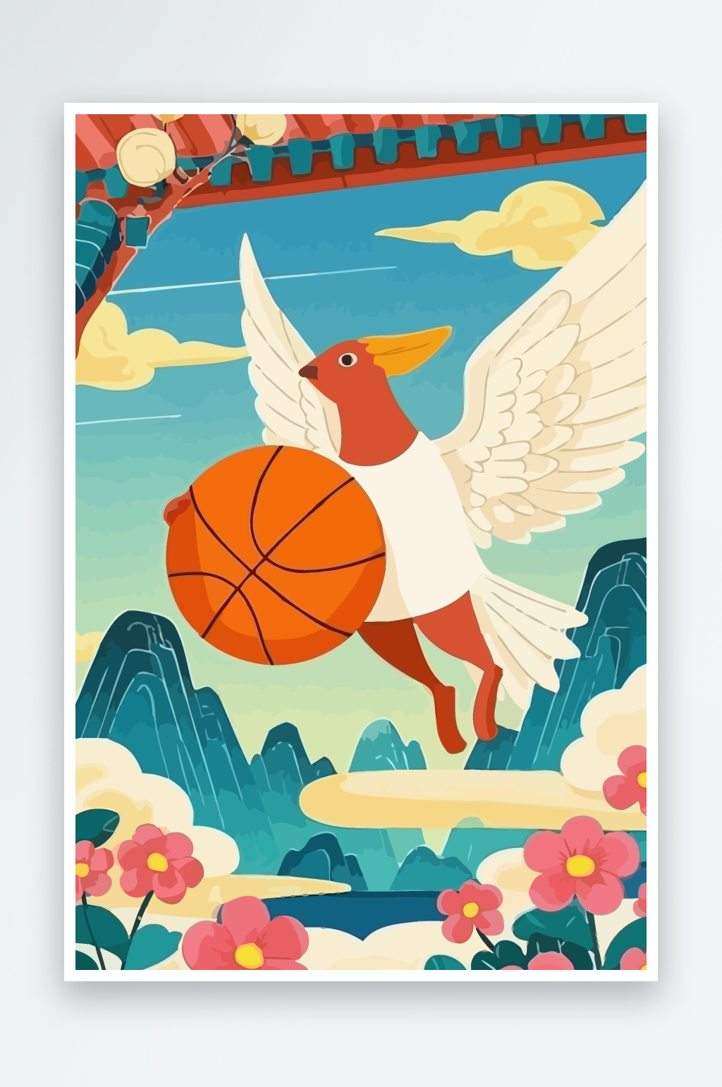 篮球仙鹤娃娃插画图形素材