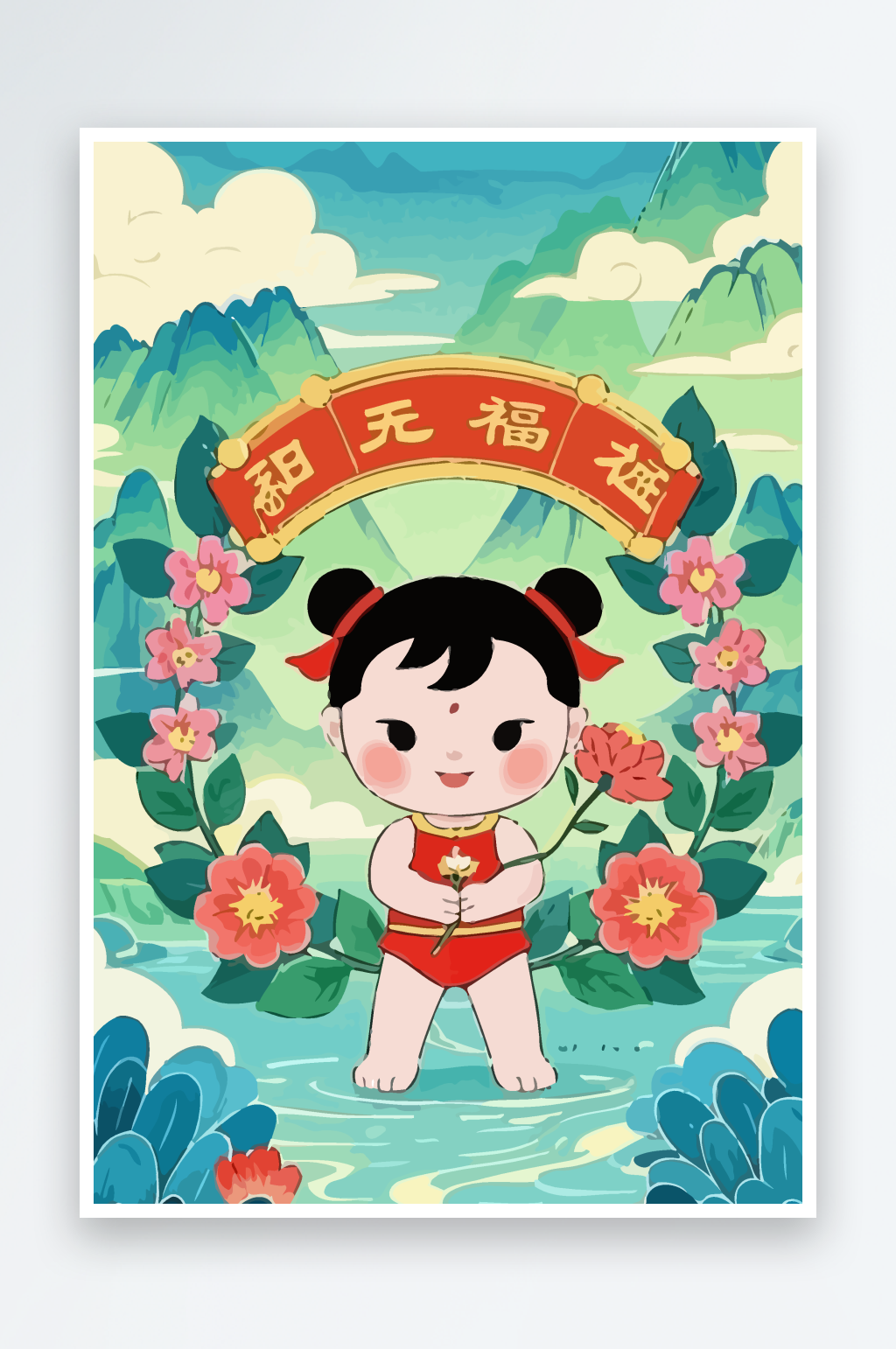孩童娃娃风景插画图形元素素材