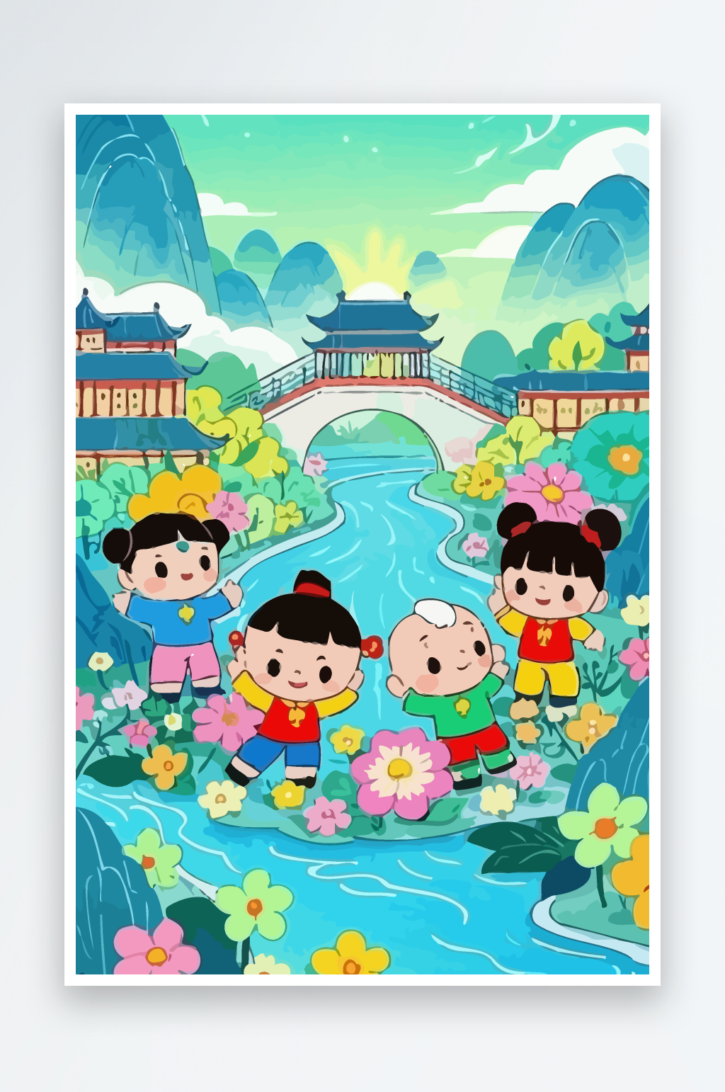 孩童娃娃风景插画图形元素素材