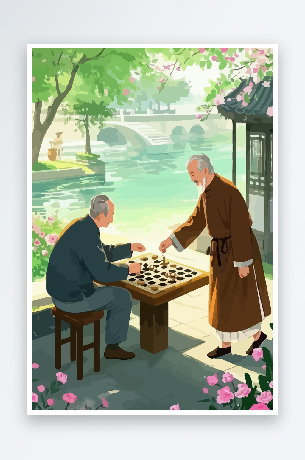老人下棋矢量插画图形元素素材
