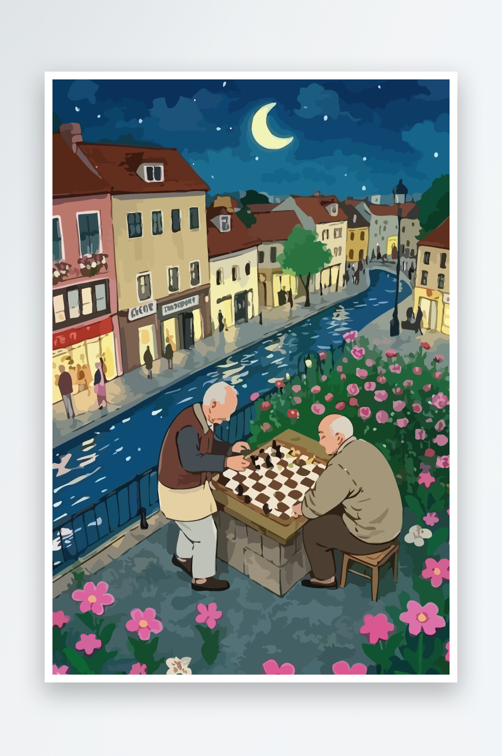 老人下棋矢量插画图形元素素材