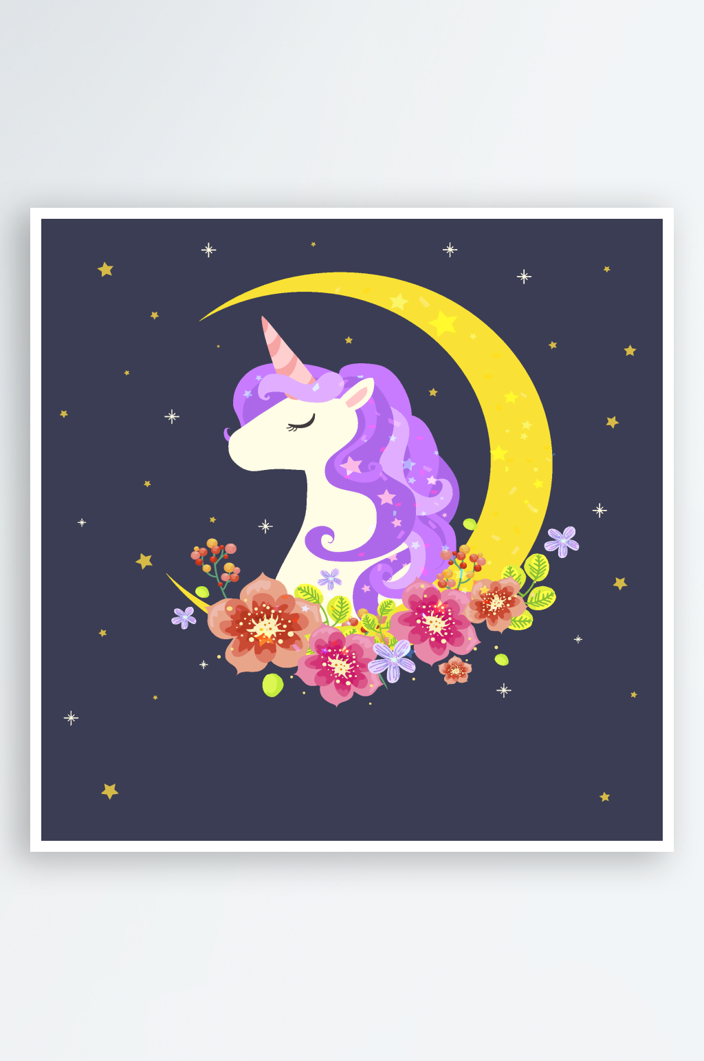 梦幻独角兽栖于弯月花丛素材