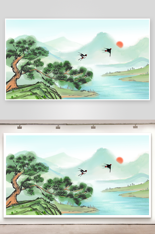 水墨古画风中国山水插画