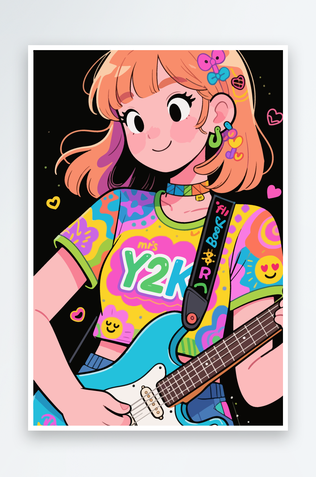 弹吉他的女孩卡通插画素材