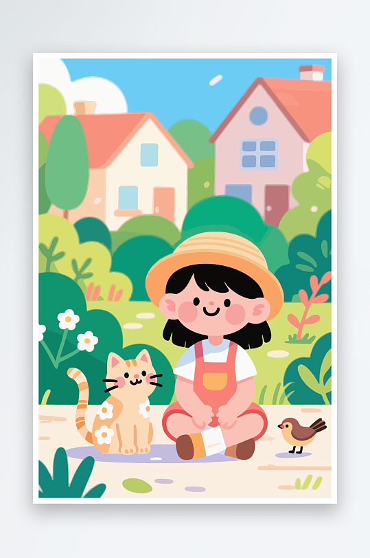 女孩動物植物貓咪卡通插畫
