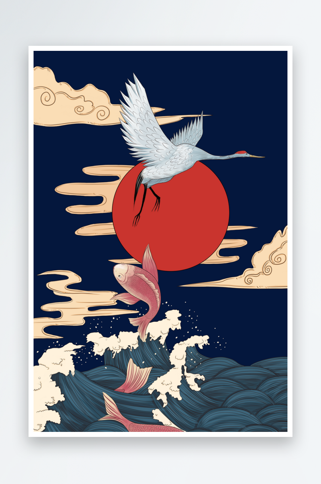 锦鲤仙鹤中国风主视觉插画素材PSD源文件素材