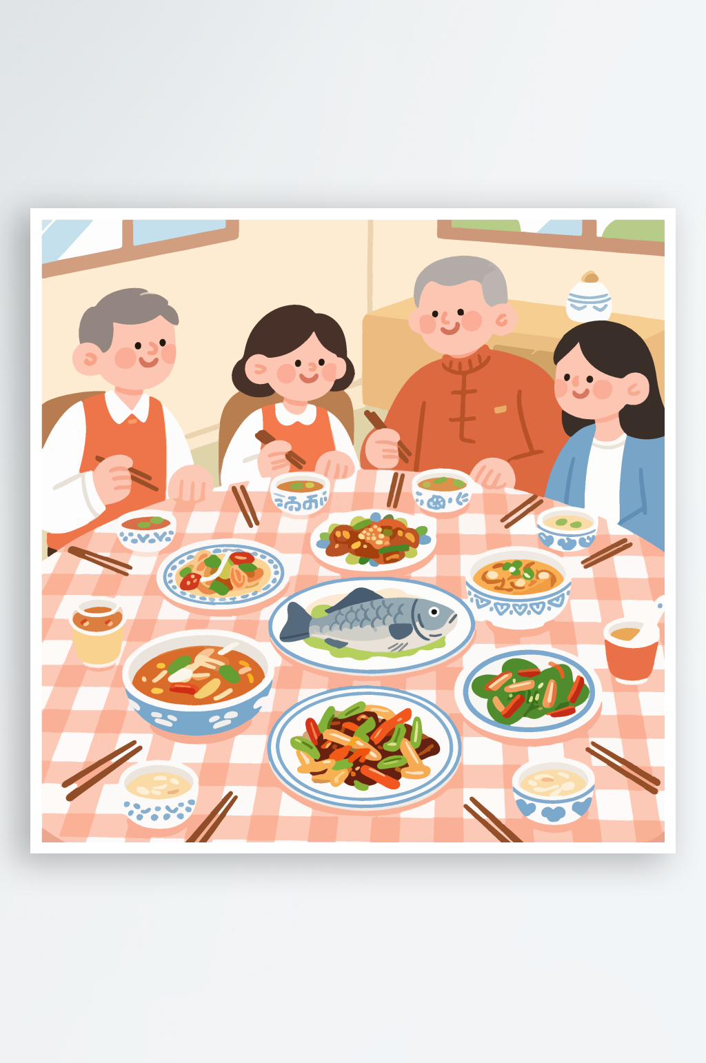卡通温馨家庭聚餐插画素材