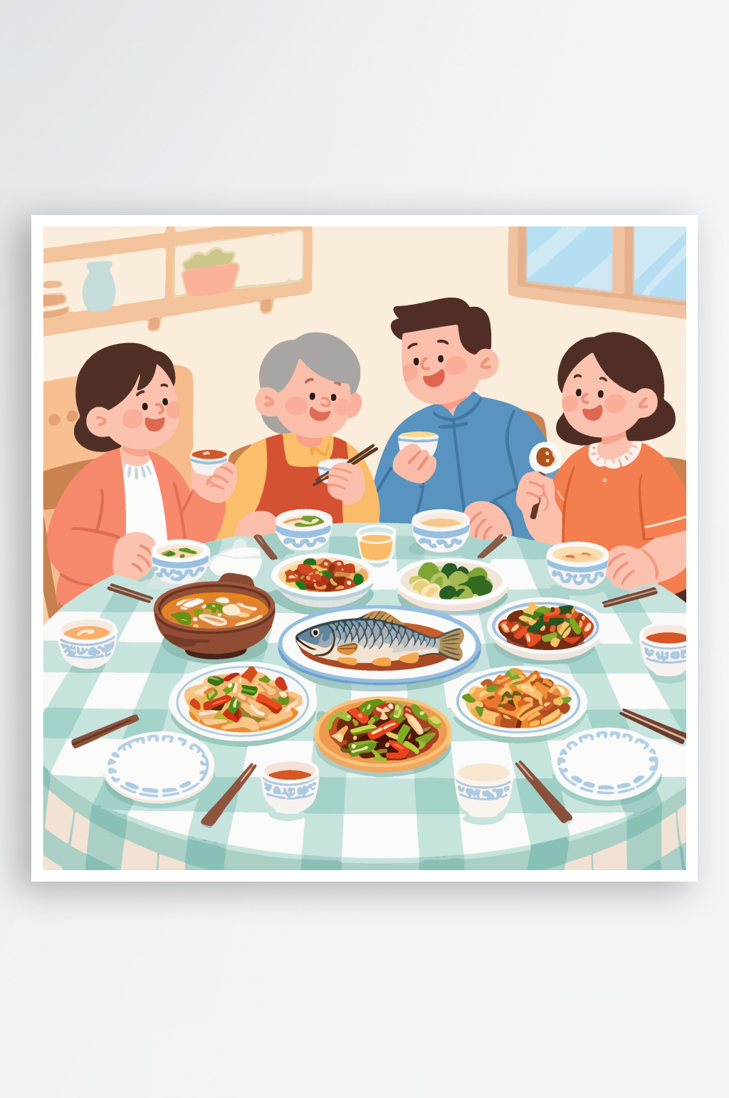 卡通温馨家庭聚餐插画素材