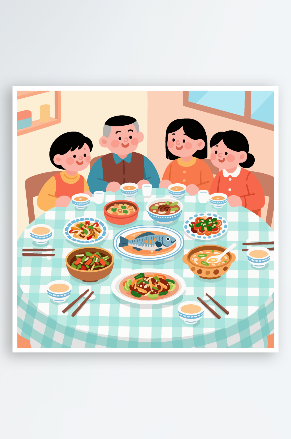 卡通温馨家庭聚餐插画素材