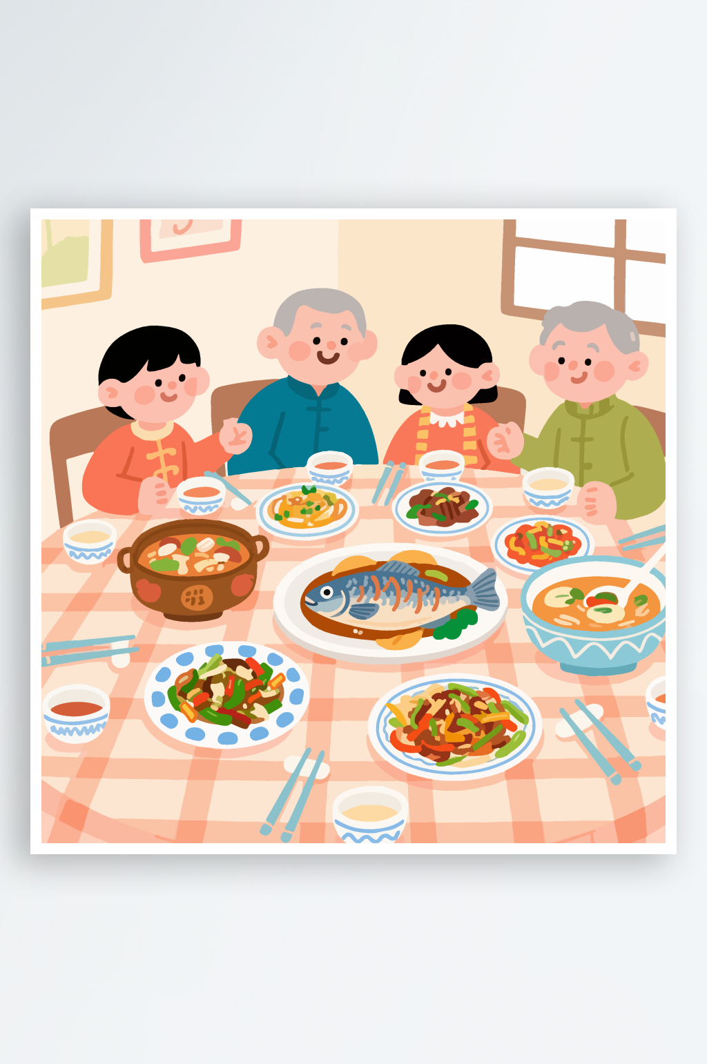 卡通温馨家庭聚餐插画素材